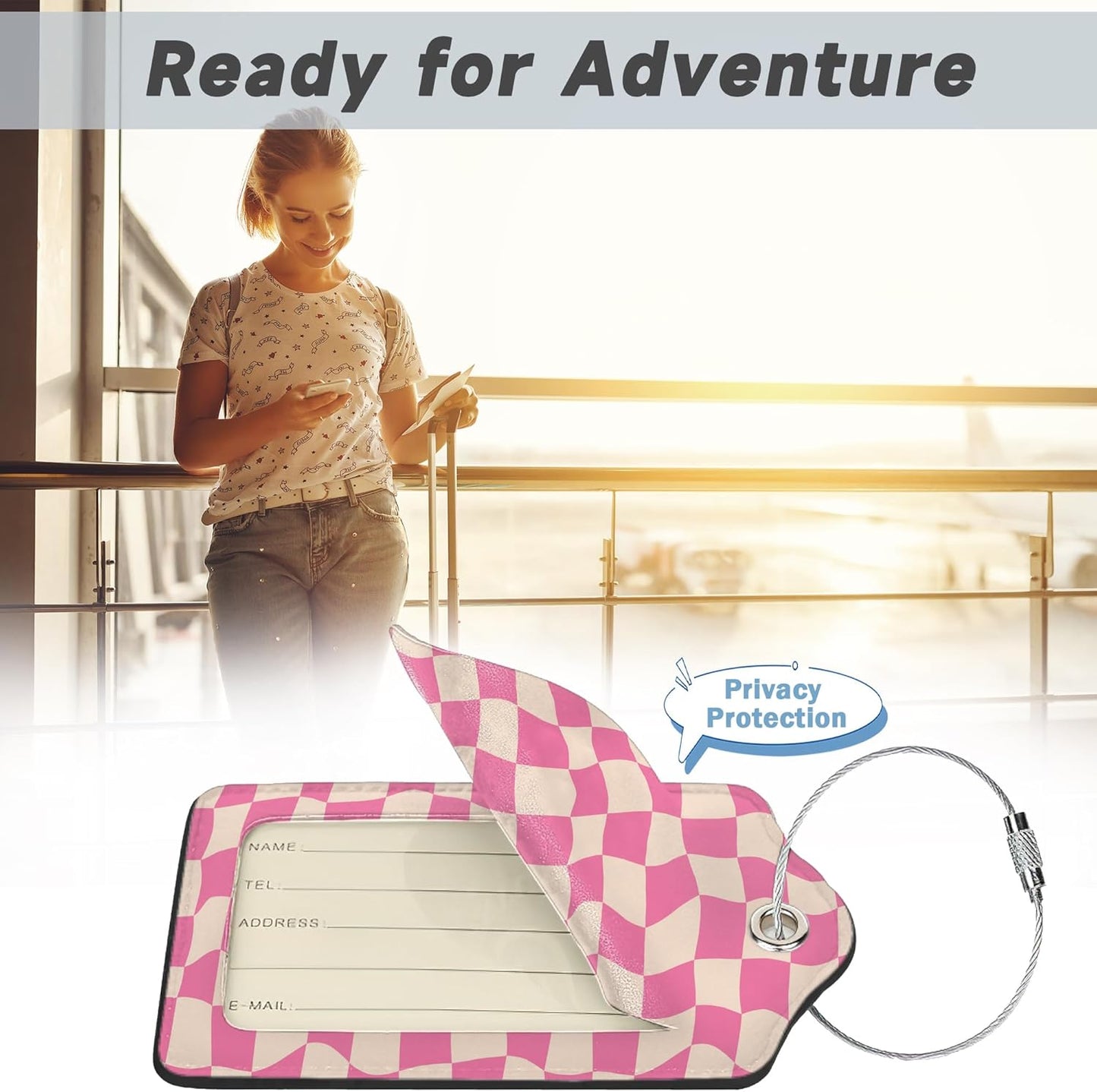 2 Pack Luggage Tag for Suitcase, Groovy Pink Checkerboard Leather Bag Tags Identifiers Privacy Cover ID Label with Durable Steel Loop for Women Men Kids Girls Travel