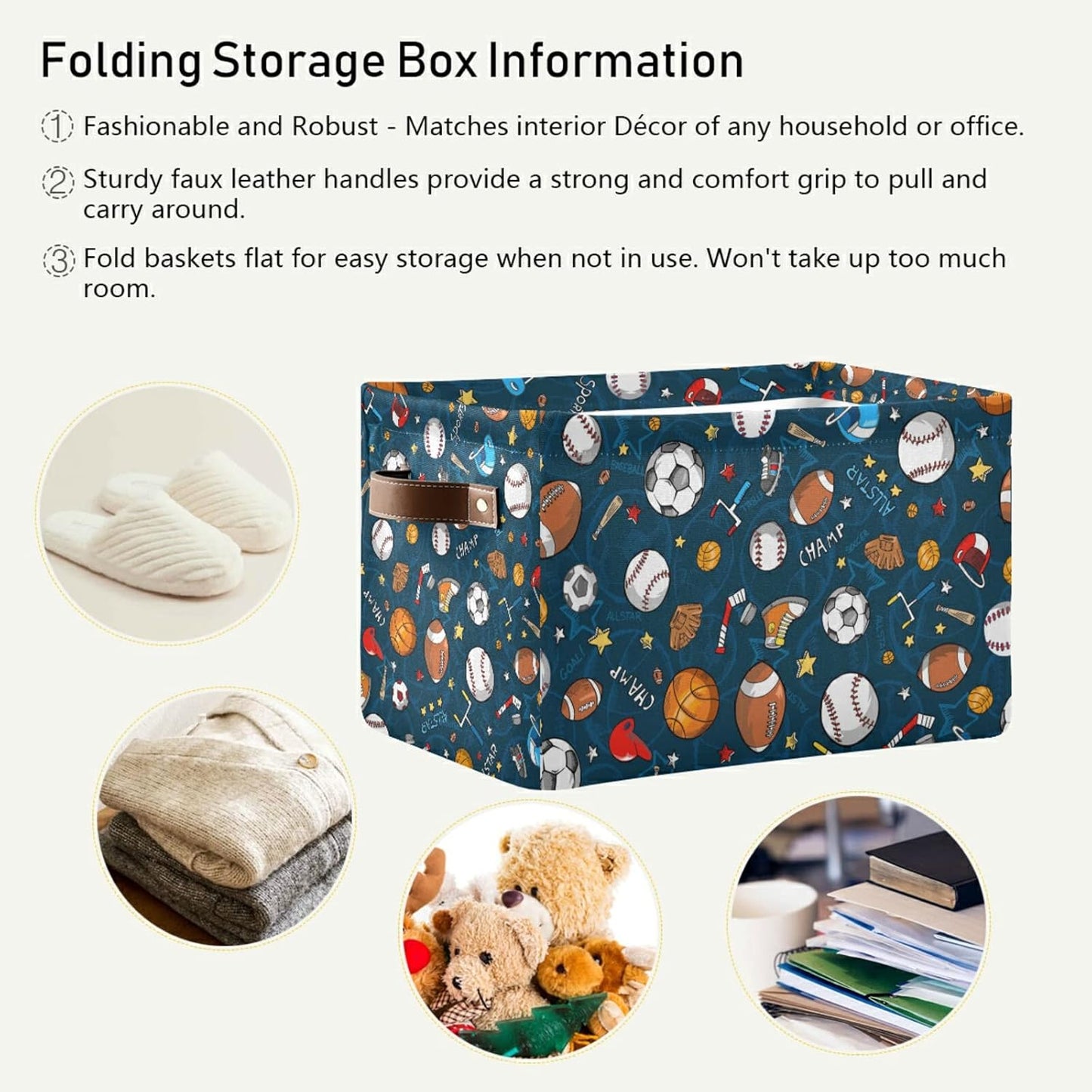 Sport Ball Baseball Basketball Storage Basket Bins, Football Soccer Decorative Baskets Storage Box Collapsible Storage Cubes Organizer with Handles for Nursery Shelf Closet Office Home