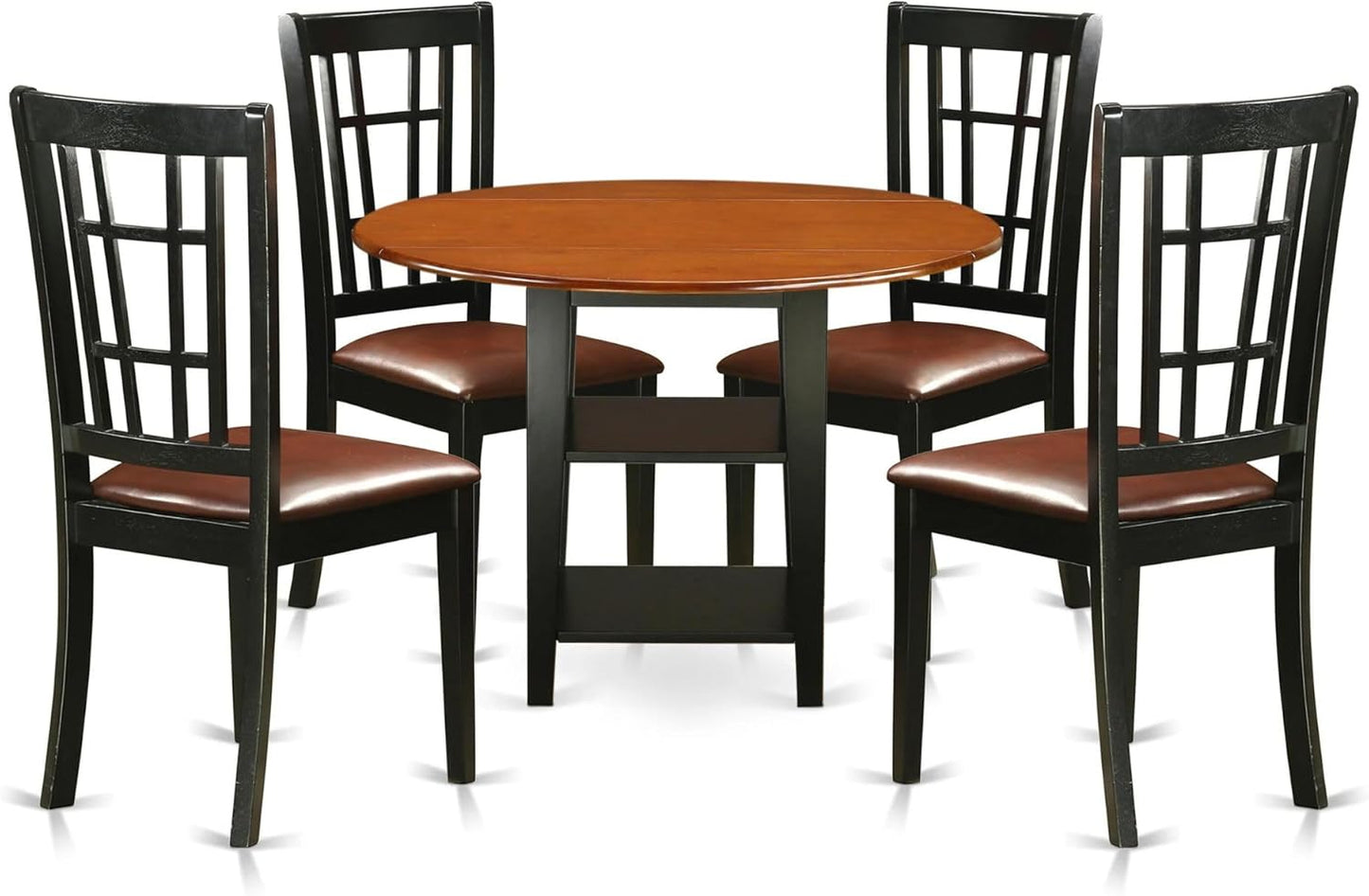 East West Furniture SUNI5-BCH-LC 5 Piece Dining Table Set for 4 Includes a Round Kitchen Table with Dropleaf & Shelves and 4 Faux Leather Kitchen Dining Chairs, 42x42 Inch, Black & Cherry