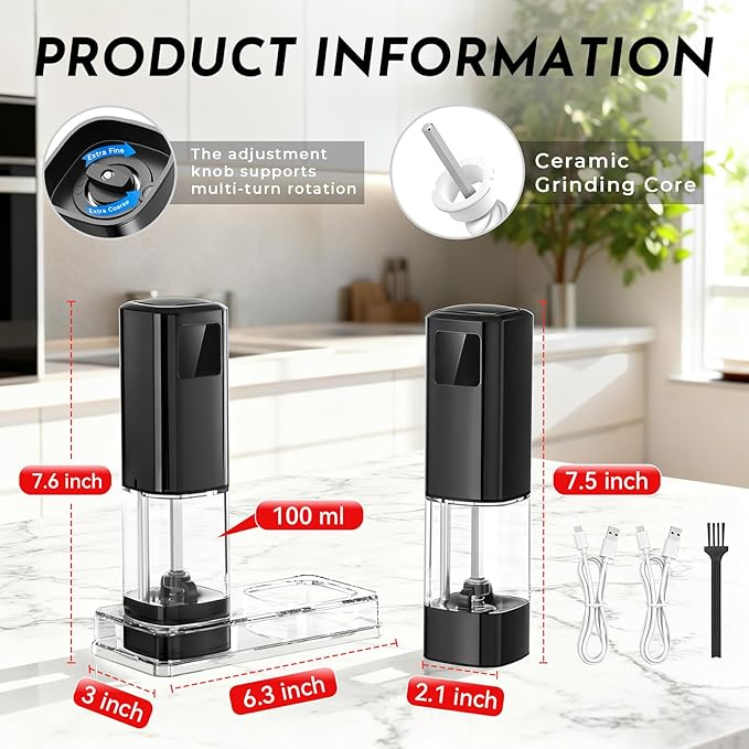 Upgraded Larger Capacity Electric Salt and Pepper Grinder Set Rechargeable with Digital Display, Refillable Electric Pepper Grinder Mill Set with Light & Ceramic Core, Adjustable Coarseness