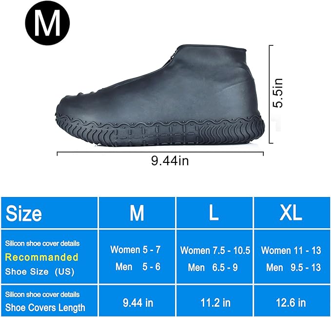Silicone Waterproof Shoe Covers, Upgrade Reusable Overshoes with Zipper, Resistant Rain Boots Non-Slip Washable Protection for Women, Men (M (Women 5-7, Men 5-6), Black)