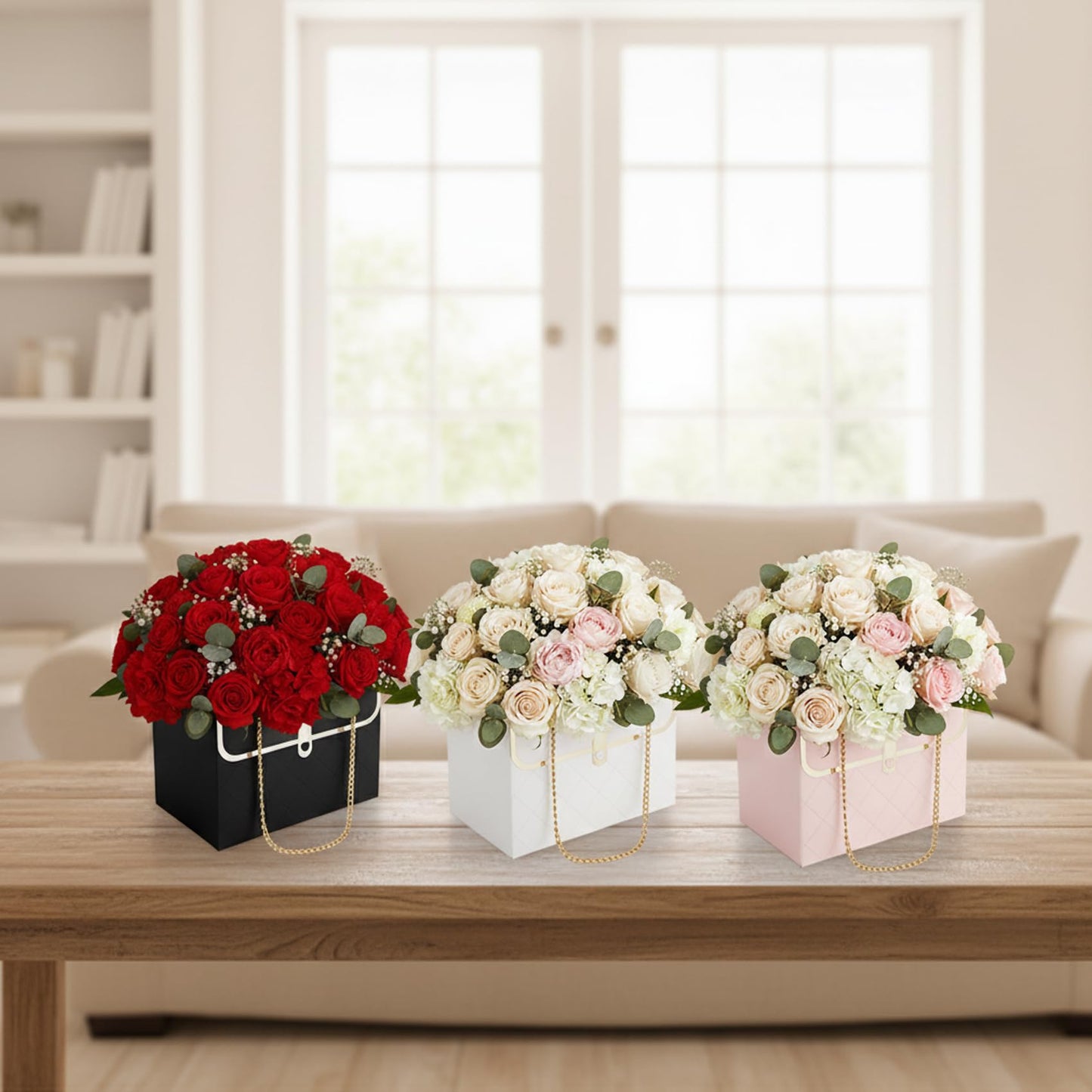 12 Pack Flower Paper Gift Bag, Bouquet Storage Bucket Box Paper Flower Handbag Box with Metal Chain Rectangle Mother's Day Flower Bags for Bouquets Wedding Flower Graduation Supplies, Black White Pink
