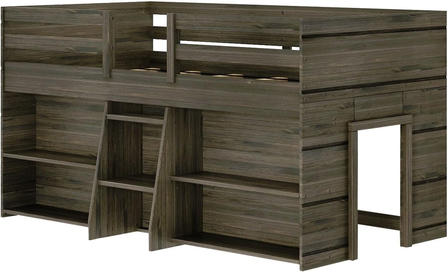 Max & Lily Modern Farmhouse Low Loft Bed, Twin Bed Frame for Kids with 2 Bookcases, Barnwood Brown