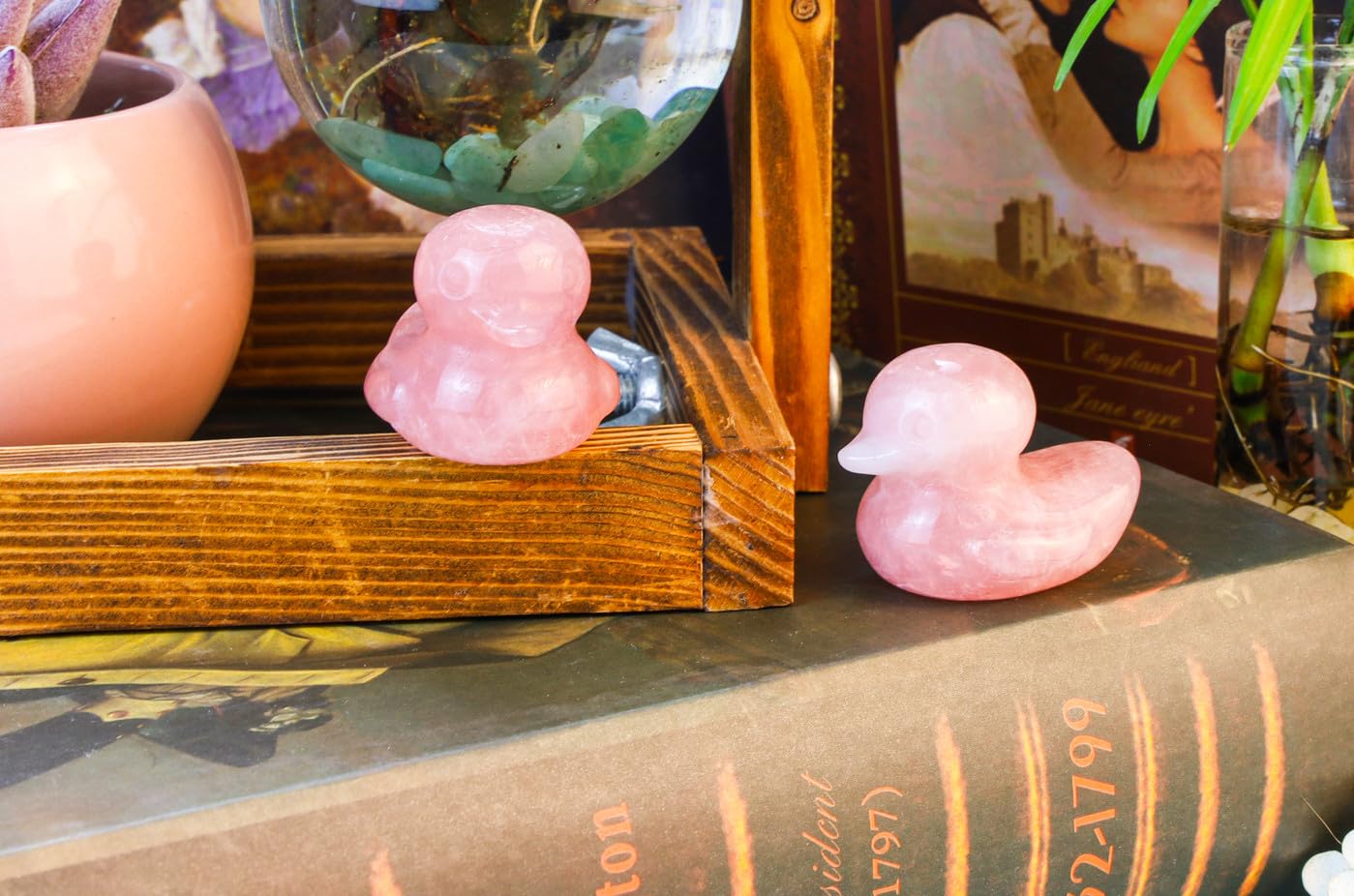 DUQGUHO Duck Figurine Gifts Statue Pink Ducks Mom Deocr Gift Rose Quartz Crystals Stones Duck Lovers Duck Collectible Desk Mothers Day Office Deocration
