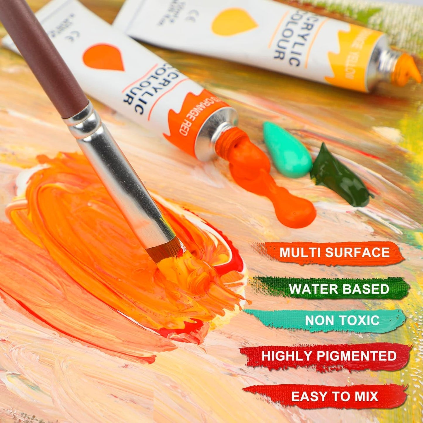 Acrylic Paint Set with 3 Paint Brushes, 24×12ml Colors Premium Paint Set with 1 Palette 1 Canvas Boards, Art Painting Kits for Adults, Paints Supplies for Canvas Rock Painting Craft Art Class