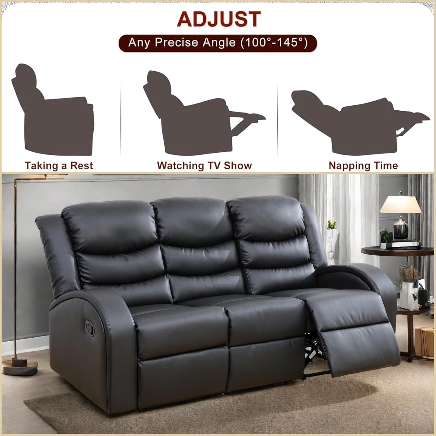 Leather Recliner Sofa Couch, 3-Seater Home Theater Seating Reclining Sofa, Power Reclining Couch with Cup Holders & Drop Down Table for Living Room Furniture Sets, Black