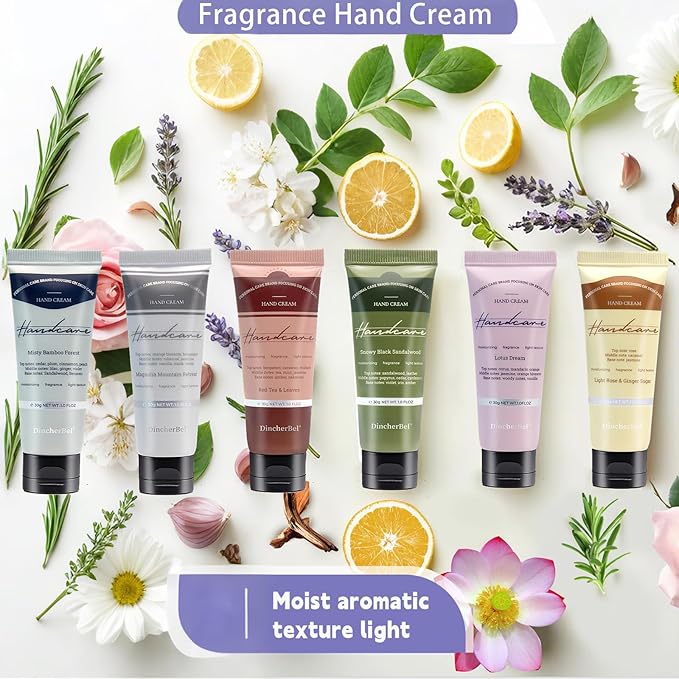 DincherBel 6 Pack Travel Size Hand Cream Set - 1 oz Moisturizing Lotion for Dry Cracked Hands, Red Tea & Leaves Scented Hand Lotion Gift for Women, Nurses, Teachers, Bridesmaids Gifts
