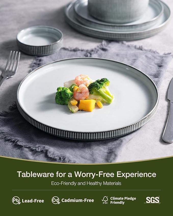 Famiware Star Dinnerware Set with Mugs, Service for 4 (16pcs), Ribbed Stoneware Plates and Bowls Dishes Sets - Chip & Scratch Resistant, Microwave & Dishwasher Safe, Smoky Blue