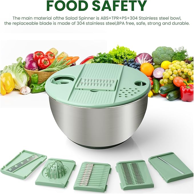 4.25 Qt Stainless Steel Salad Spinner Large, Salad Wash Bowl, Fruit & Vegetable Dryer, with 5-Blade Slicer, Egg Yolk Strainer and Shredder for Efficient Salad Preparation and Food Washing