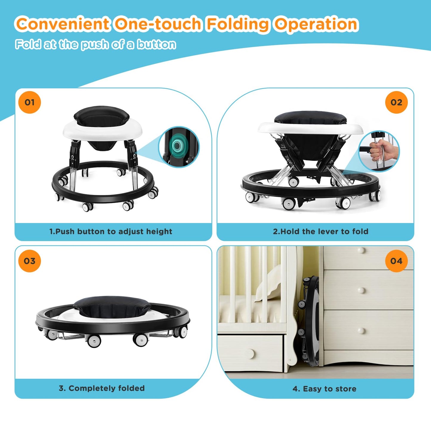 Wnttmt Baby Walker with Wheels, One-Touch Folding Baby Walkers with Height Adjustment, Large Dinner Plate and Brake, Walker for Baby Boy Girls 6-18 Months, Black