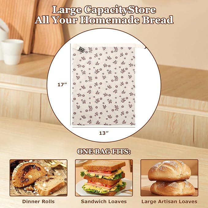 Beeswax Bread Bags, Reusable Linen Organic Beeswax Bread Bags for Sourdough, Keep Freshand and Large Capacity Sourdough Loaf Bag, Coffee Leaf Print Design Storage Bag for Gift