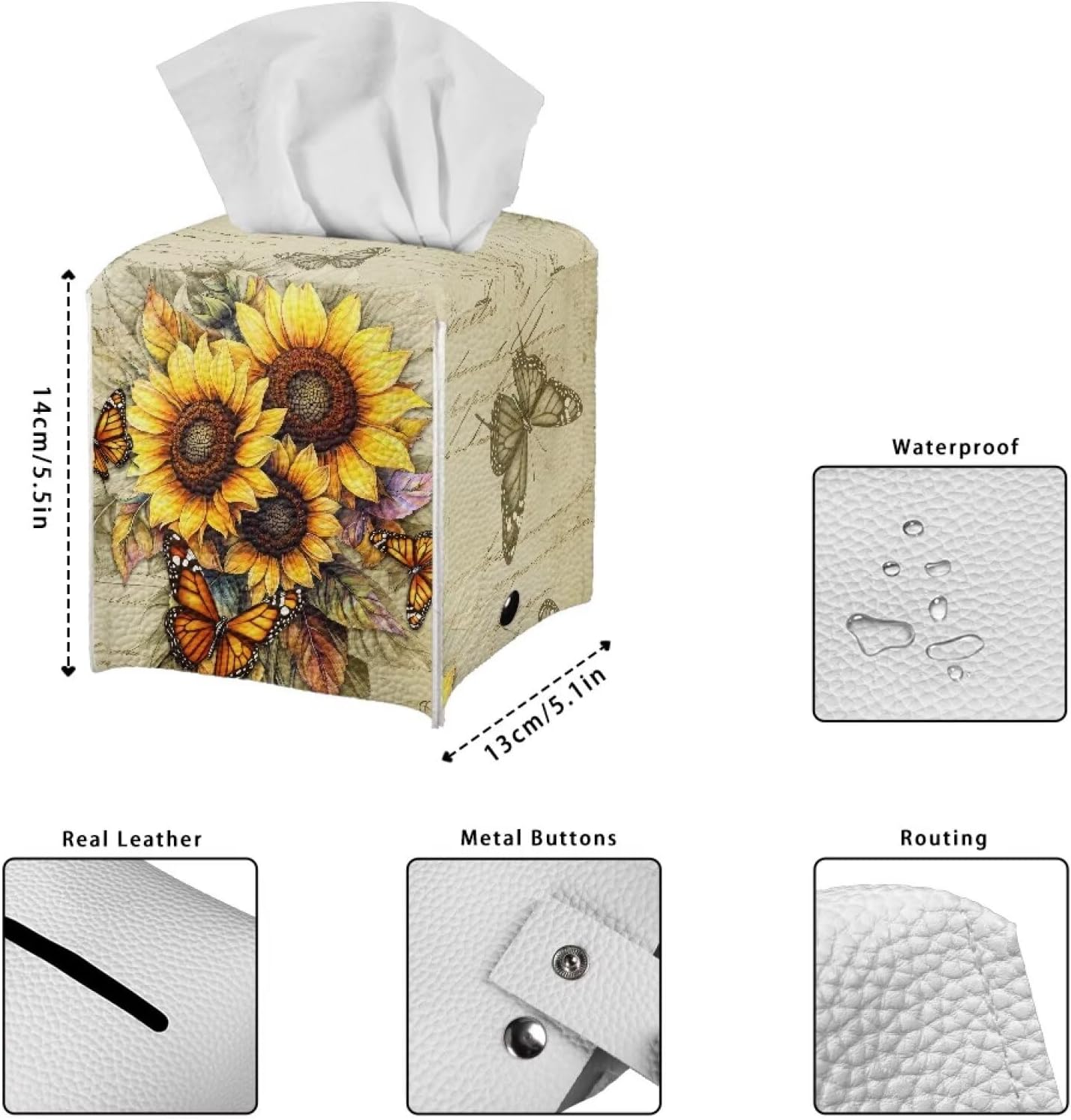 Sunflower Tissue Box Cover Square Leather Tissue Cover 5x5x5 inch Oil Paited Style Home Decorative Facial Paper Box Holder for Desk Bathroom Vanity Countertop