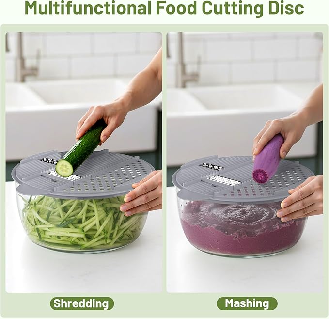 Salad Spinner, 5.3 QT Lettuce Spinner with Strainer, Fruit Cleaner with 4 Replaceable Blade for Shredding, Slicing and Pureeing, Salad Washer & Dryer for Quick Washing (Grey)