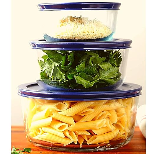Wood Grip Lids for Pyrex and Anchor Round Glass Containers Works for 6/7 Cups - 6-Cups, Blue-4 Pack
