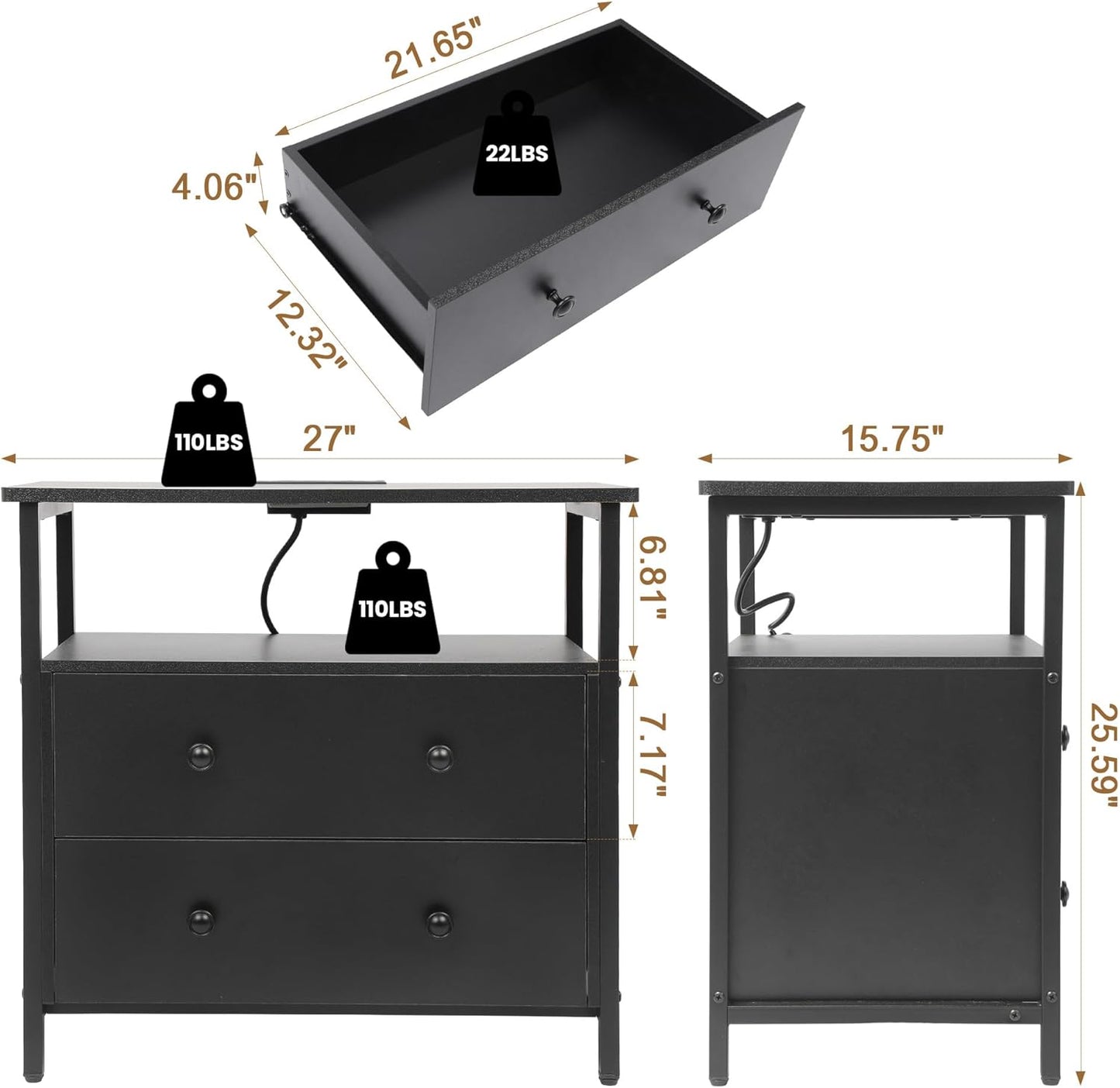 27 inch Wide Nightstand with Charging Station, Bedside Table with Open Shelf, 2 Drawers Small Wood Dresser, End Side Table for Bedroom (Black)