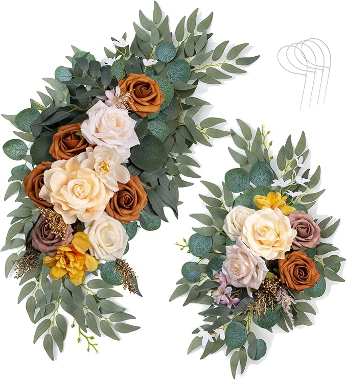 AitnWoy Artificial Wedding Arch Flowers Kit 2 PCS Dust Rose Flowers Silk Peony Floral Swag Welcome Sign for Wedding Ceremony Party Home Garland Decor (Brownish)