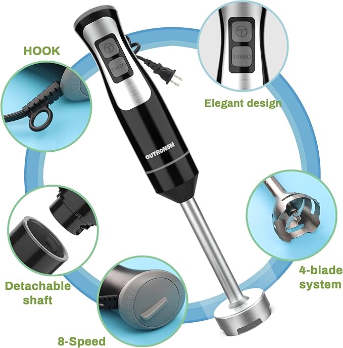 Immersion Blender Handheld, OUTRONSM Hand Blender with 4-point thickened SS blades, Milk Frother, Egg Whisk for Coffee Milk Foam, Puree Baby Food, Smoothies, Sauces and Soups – Black