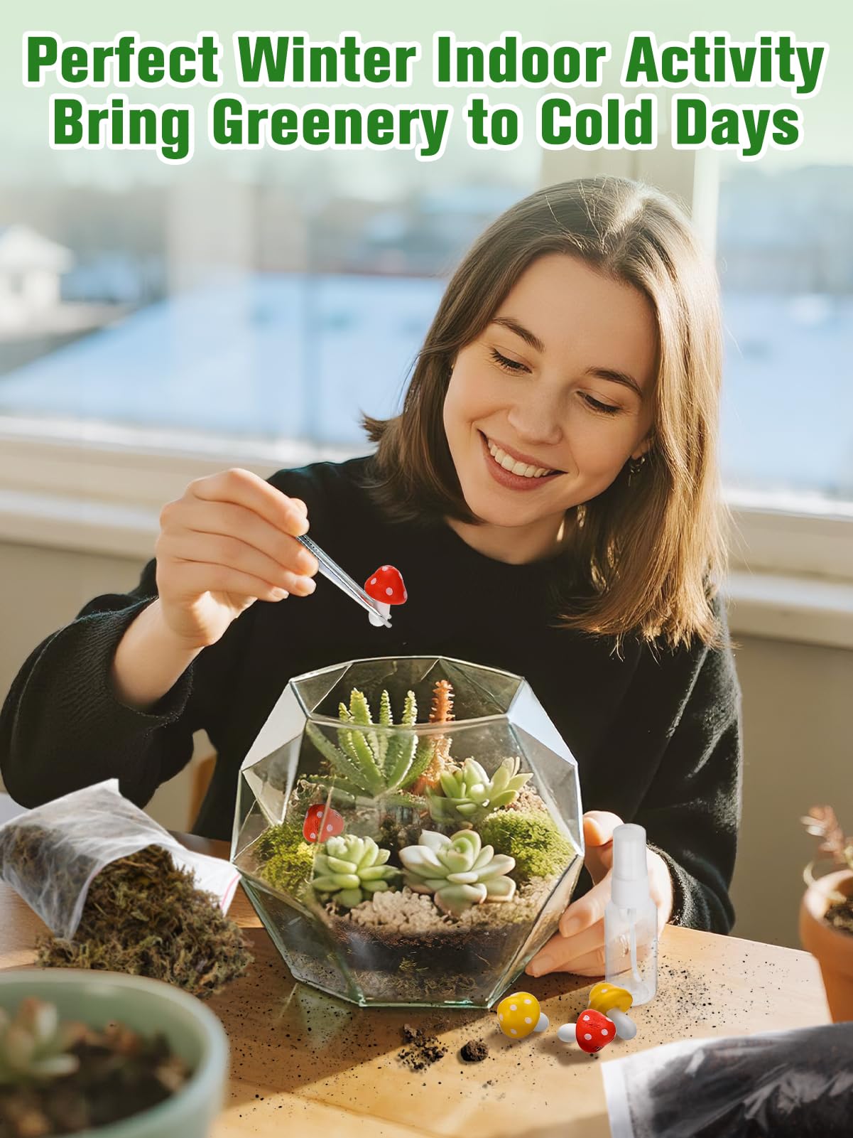 Terrarium Kit Adults - Includes Pumice, Moss, Soil, Pebbles, Charcoal, 2 Tools, Mushroom Ornaments for Succulent Cactus, Terrarium Accessories Decor Gifts for Starter Women