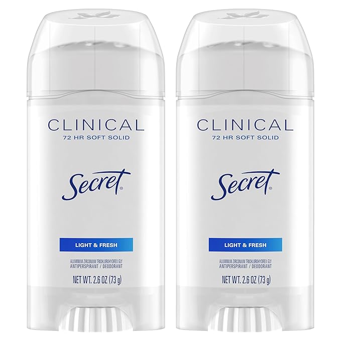 Secret Clinical Strength Antiperspirant Deodorant for Women, 3X Stress Protection, 72hr Sweat & Odor Protection, PH Balancing Minerals, Soft Solid, Light & Fresh Scent, 2.6 oz (Pack of 2)