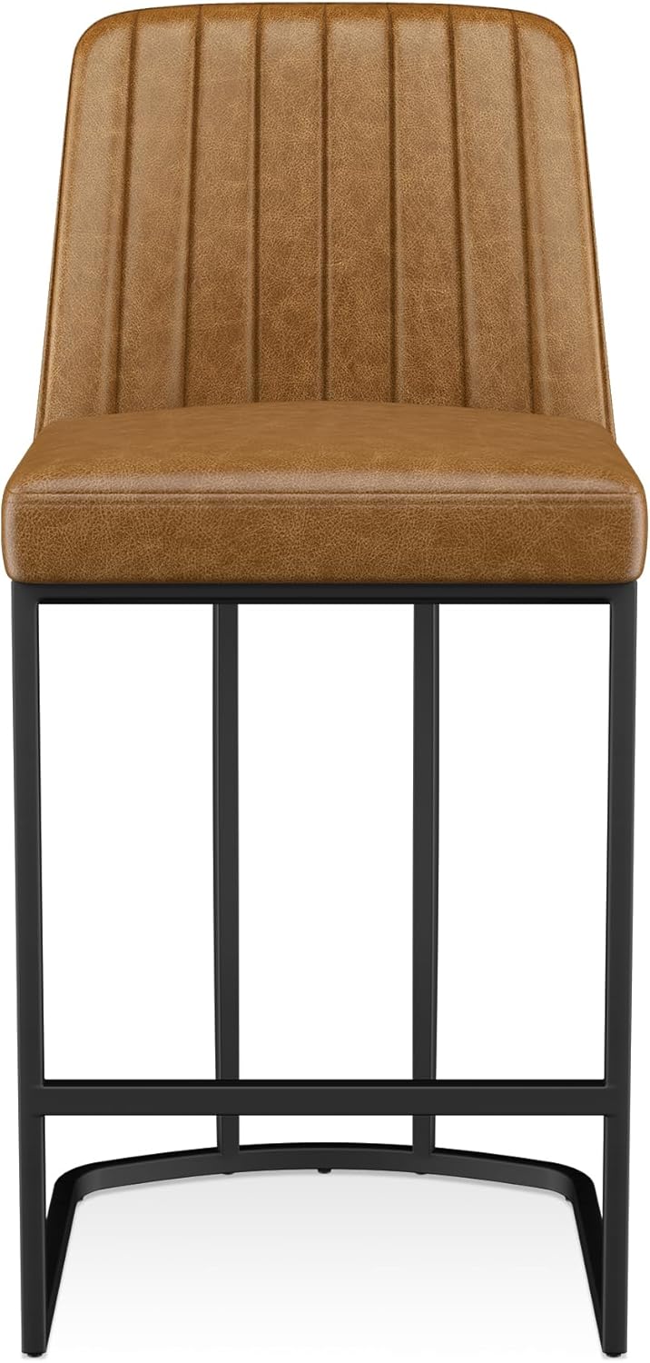 Bar Stools Set of 6, Faux Leather Counter Height Barstools, Upholstered Kitchen Counter Stools with Back and Stitching, 25.6" H Kitchen Island Stools Bar Chair, Metal Framed, Whisky Brown