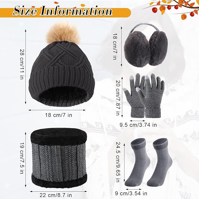 SATINIOR 5 Pcs Winter Hat Scarf Gloves Set Fleece Warm Lined Knit Beanie Hat Touch Screen Earmuff Gloves Warmer for Women(Dark Gray,Stylish Style)
