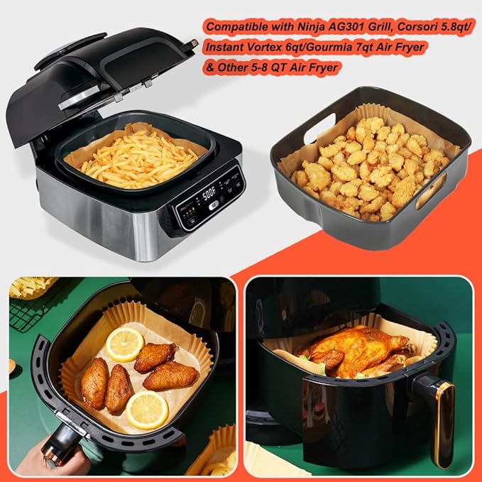 BYKITCHEN Air Fryer Sheet Liners for Ninja AG301 Grill, Cosori, Gourmia Airfryer, Set of 200, 9 Inch Air Fryer Parchment Paper Filters for 5 to 8 Qt Basket, Ninja Foodi Grill Accessories