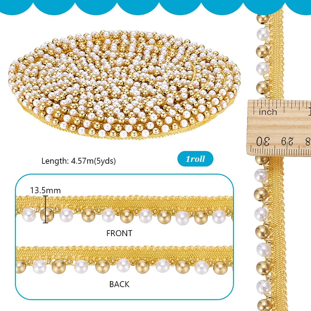 PH PandaHall 4.5 Yards Pearl Lace Trim Faux Pearls Lace Ribbon, 1/2 inch Wide Golden Pearl Beaded Ribbon Border Trim for Wedding Arch Chair Home Bridal Dress Christmas Decorations
