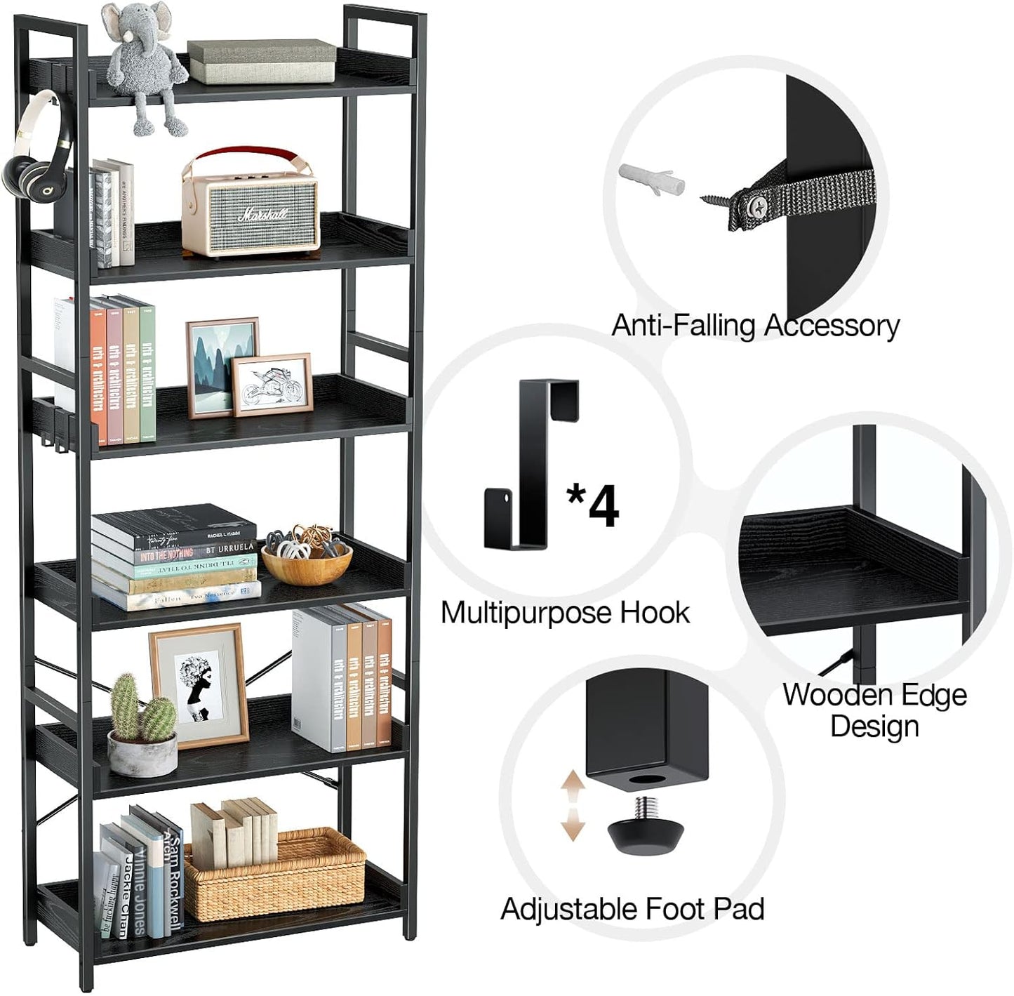 Rolanstar Bookshelf 6 Tier with 4 Hooks, Industrial Bookcase, Vintage Storage Rack with Open Shelves, Rustic Standing Bookshelves Metal Frame Display Rack for Living Room, Bedroom, Black