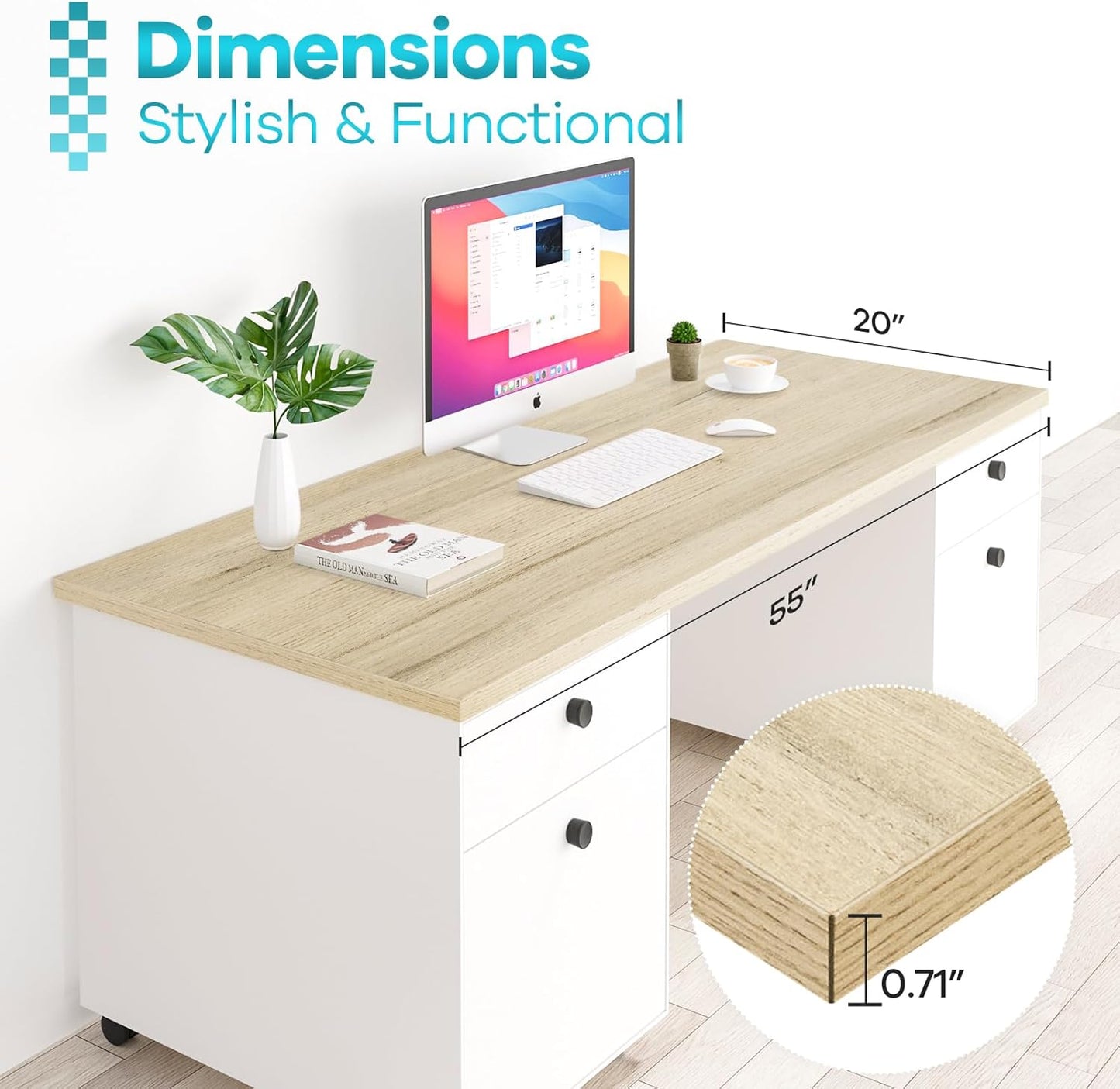 Kaboon Universal Tabletop 55"x20", Solid One-Piece Melamine Table Top, Double Desk L-Desk DIY, Home and Office, Oak/Grey Tone