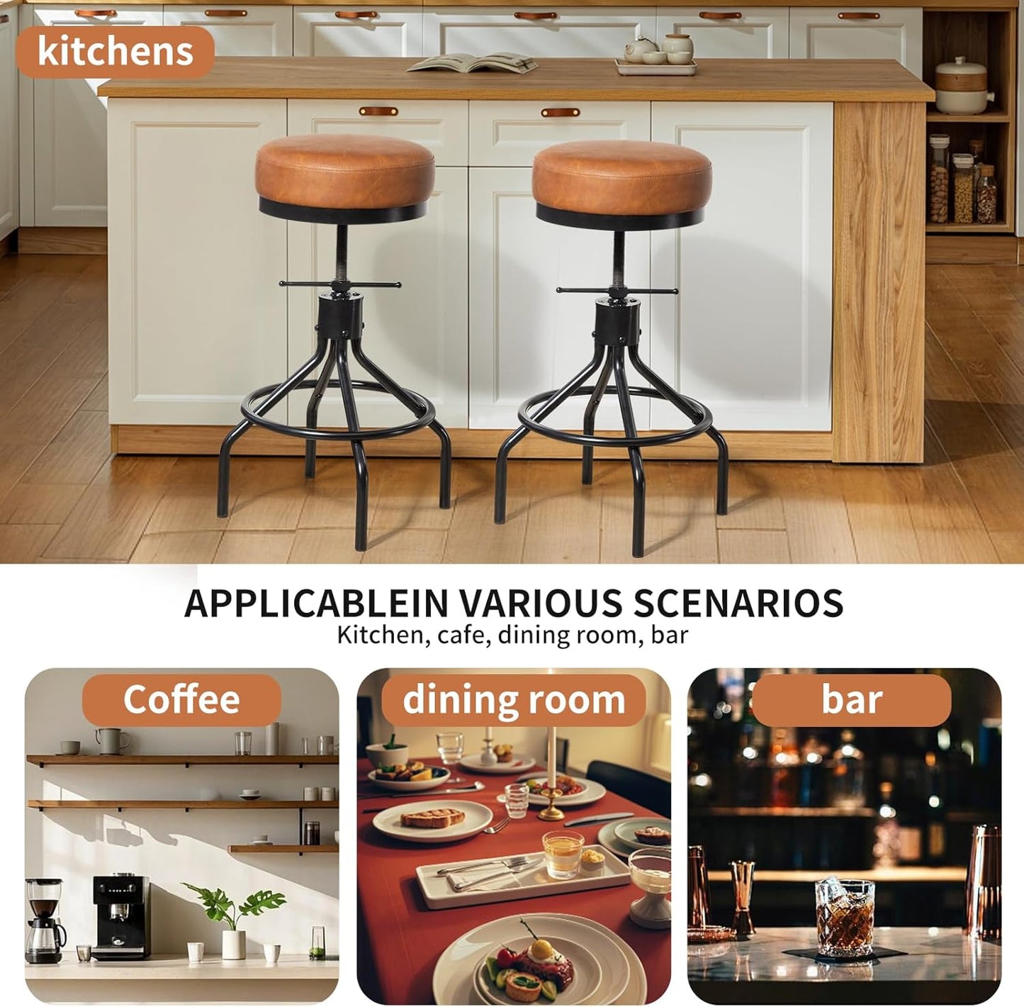 Industrial Bar Stools Adjustable Swivel Round Barstools Modern PU Leather 28inch Backless Counter Height Stool Metal Bar Chair for Kitchen Island (1, Brown)
