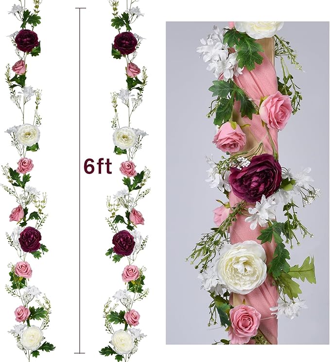 2 Pack Artificial Peony Garland - 6ft Silk Flower Vine Purple and White Roses for Wedding Arch Party Table Decor