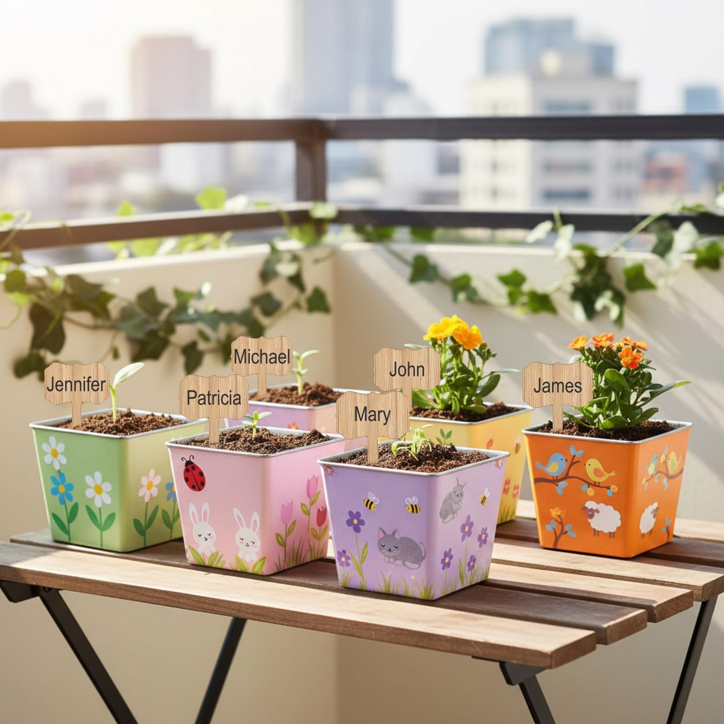 Ferrochef 6 Sets Garden Flower Pots Crafts Kit DIY Metal Iron Plant Pots Acrylic Paint Stickers Brushes Plant Labels Gardening Tool Kit for Planting Crafts Mother's Day Graduation Creative Gift