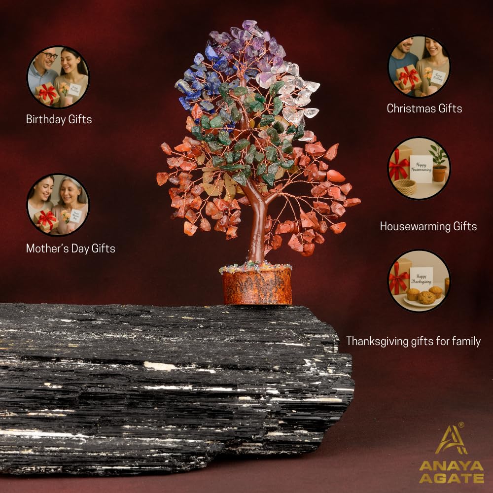 ANAYA AGATE 7 Chakra Crystal Tree of Life w/Healing Necklace & Chakra Bracelet - Gemstone Money Bonsai Trees for Women,Crystal & Healing Stone, Tree for Home, Office, LivingRoom Decor