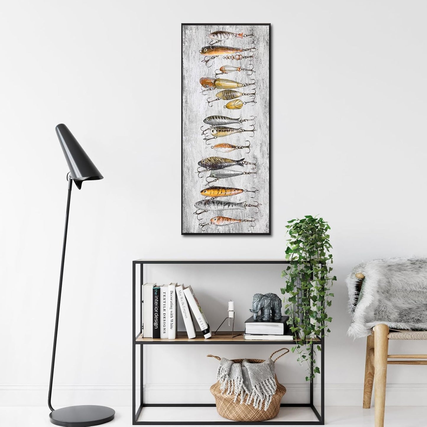 KREATIVE ARTS Fishing Lures Wall Art Vertical Canvas Print Tackle Bait Painting with Black Floater Frame Rustic Fishing Decor for Cabin Garage Lake House Bathroom 20x48 Inch Ready to Hang