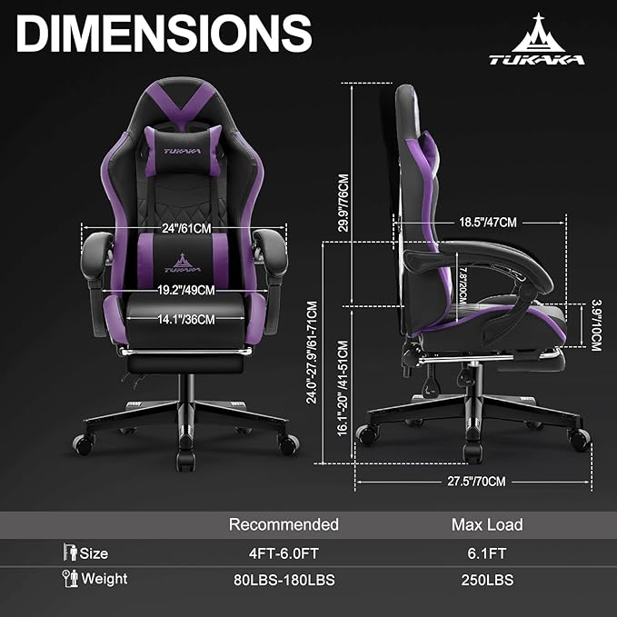 Gaming Chair,Ergonomic Massage Computer Office Desk Chair with Footrest,Pocket Spring Cushion,Reclining Leather Adjustable Gamer Chair with Headrest and Lumbar Support,Purple
