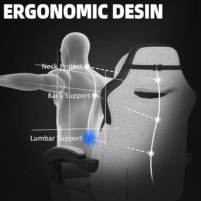 Vonesse Gaming Chair, Reclining Fabric Gaming Chairs for Adults 250LBS, Office Chair with Pocket Spring Cushion, Computer Chair with Footrest and Massage Lumbar Support (Light Gray)