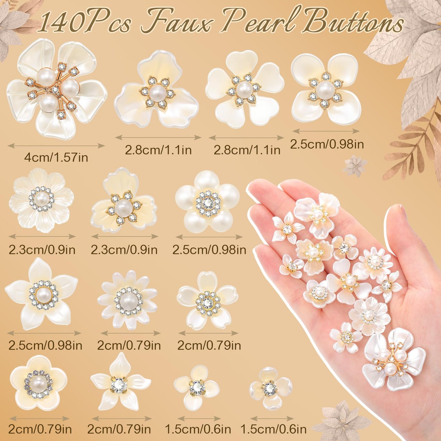 Janinka 140 Pcs Rhinestone Buttons Faux Pearl Buttons Flat Back Flower Embellishments for Jewelry Making DIY Craft Wedding Hair Bouquet Home Decoration Party Accessory (Floral,White)