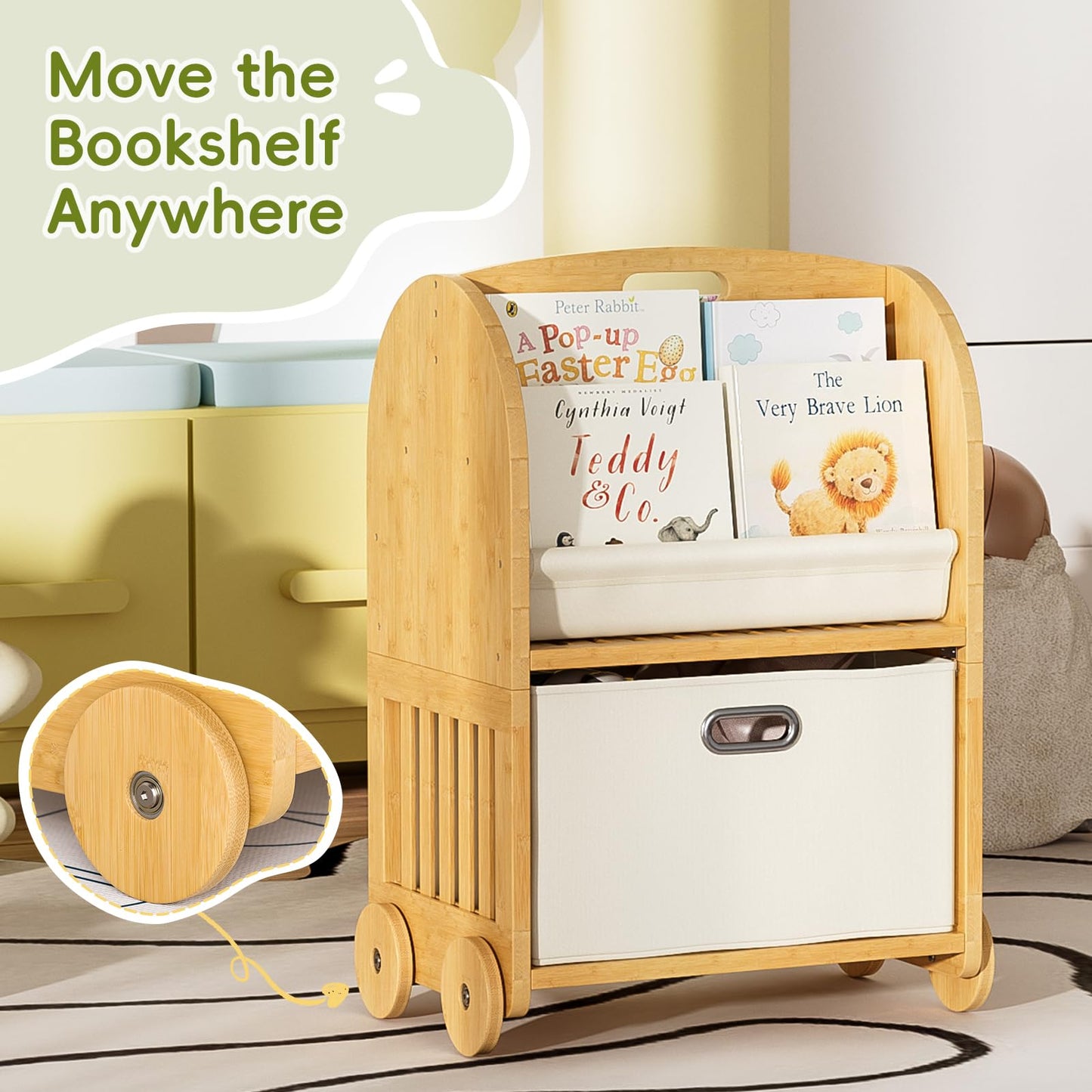 EZ2LIVE 2-Sided, 3-Tier Bamboo Kids Bookshelf, Montessori Shelf with Safe Wheels and Large Storage Drawer, Toddler Bookcase Nursery Book Shelves and Toy Storage for Baby Rooms Playroom Kindergarten
