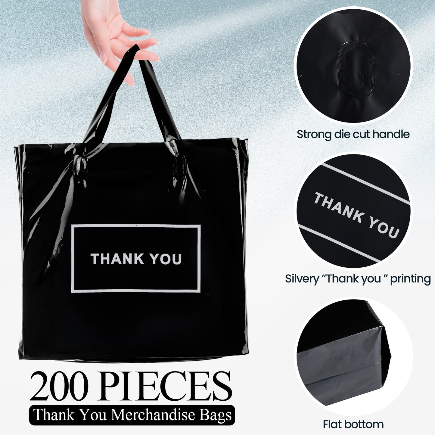 Teling 200 Pcs Thank You Plastic Bags Bulk Thank You Merchandise Bags for Wedding Business, 9 x 12'', 12 x 15'', 15 x 18''(Black)