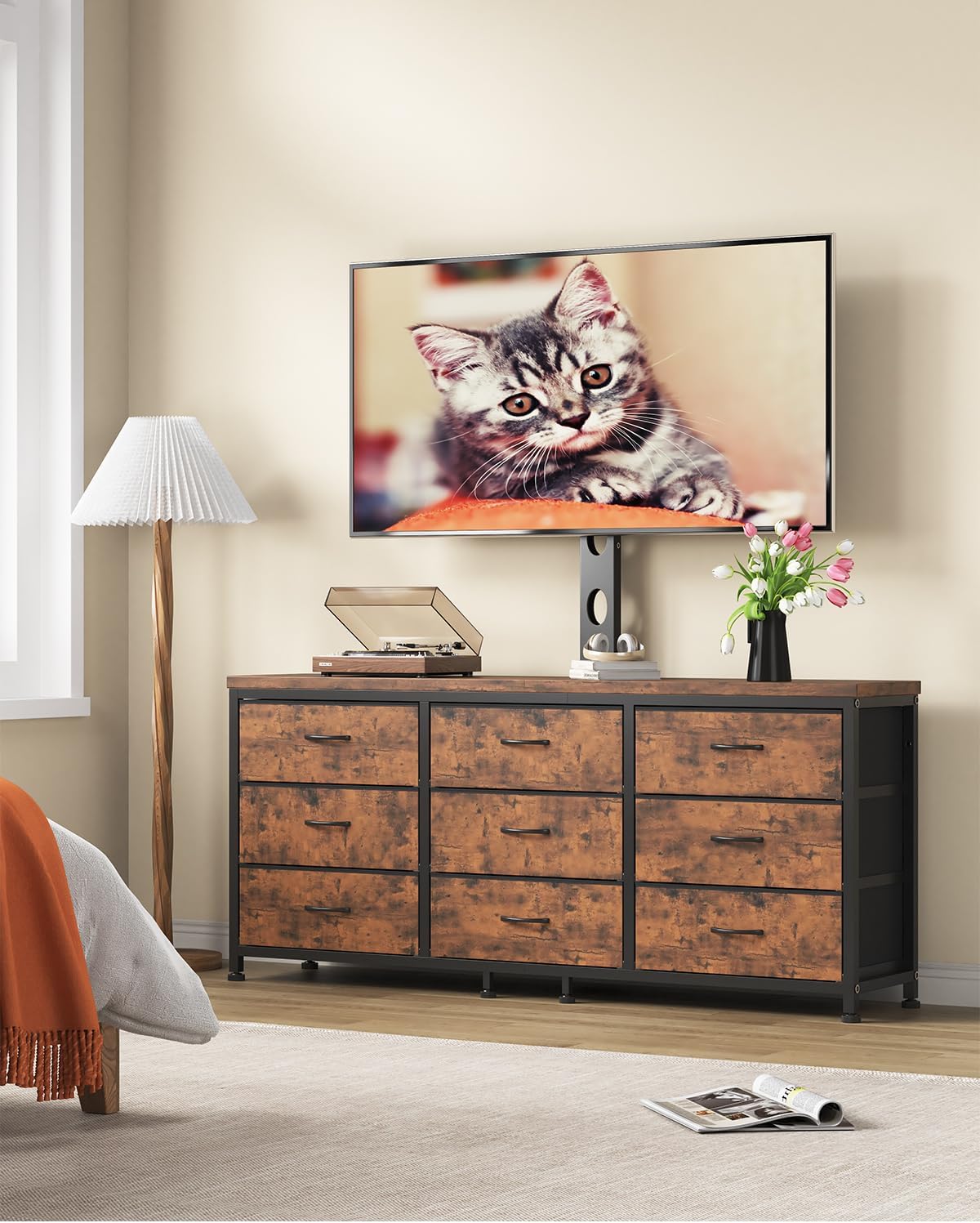 TV Stand with Mount for 32/55/65/75/85 inch TVs, Entertainment Center with 9 Fabric Drawers Dresser Storage, Height Adjustable Media Console