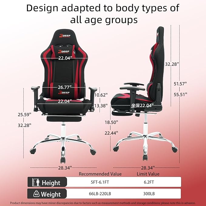Fabric Gaming Chair, Skin-Friendly and Breathable, Manufactured by A Reputable Manufacturer, Safe and Stable, Specially Designed for Gaming.with Footrest Mg(1005-Red)