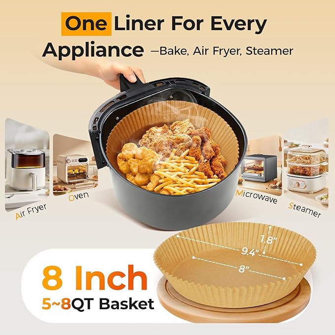 250 Pcs 8" Round Air Fryer Liners Disposable, Unbleached Parchment Paper Liners for Airfryer Basket, Non-Stick & Leakproof Baking Paper for Oven Roasting