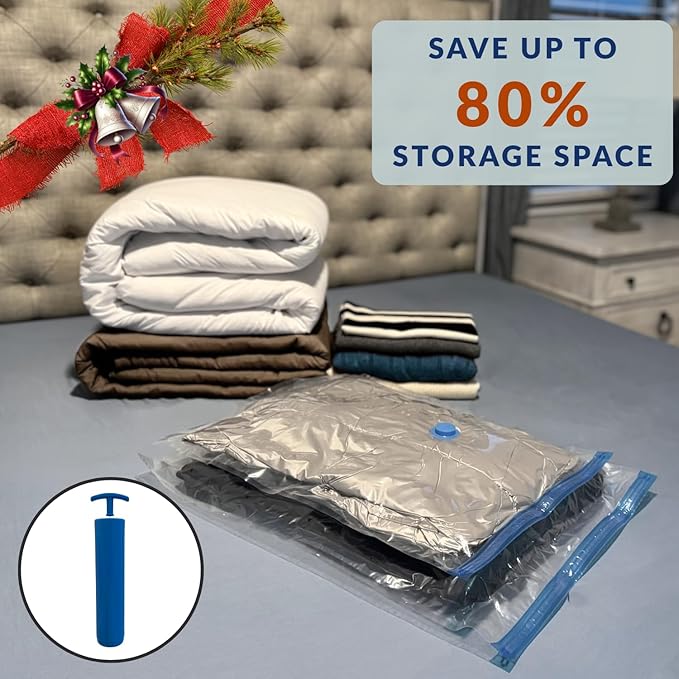 4 Mega Jumbo XXL Vacuum Storage Bags with Pump (47x35in), Supersized Compression Space Saver for Comforter, duvet, Bedding, Blanket storage, Vacuum Seal Bags for Clothing, Stuffed Toy, Cushions