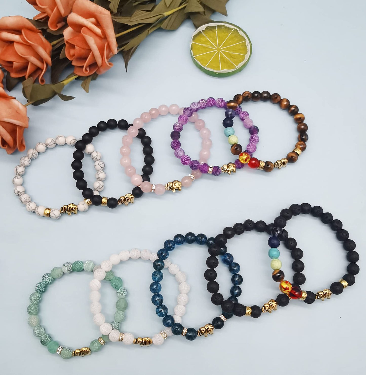 Jewdreamer 10Pcs 8mm Chakra Bead Bracelet Elephant Gifts for Women Men Natural Stone Bead Bracelets Lava Rock Reiki Crystals Yoga Bracelets
