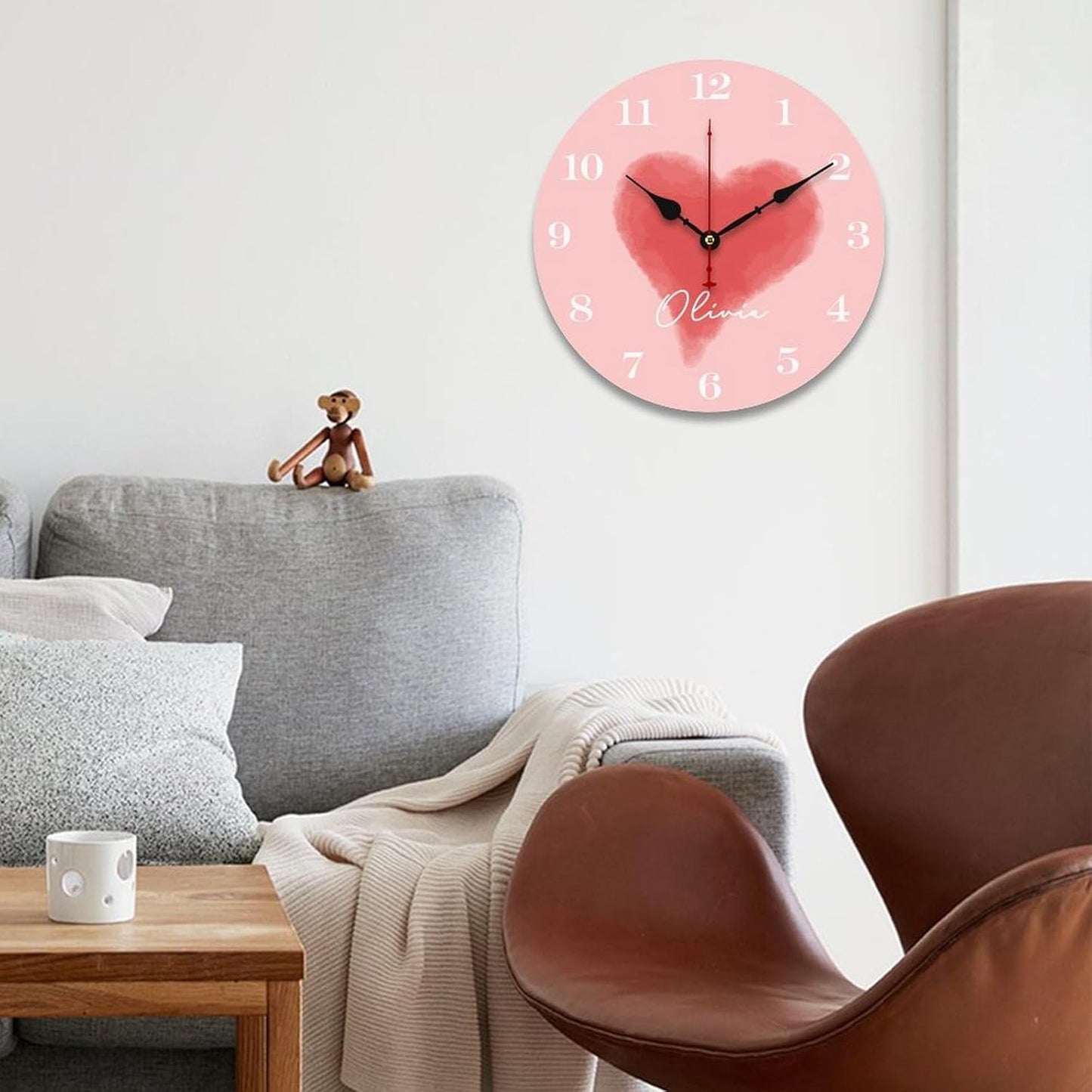 Red Heart Personalized Wood Wall Clocks Rustic Battery Operated 10 inch Non Ticking Kids Girls Name Wall Clock for Kids Rooms Boys Girls,Nursery Wall Clock,Custom Kids Clock with Name
