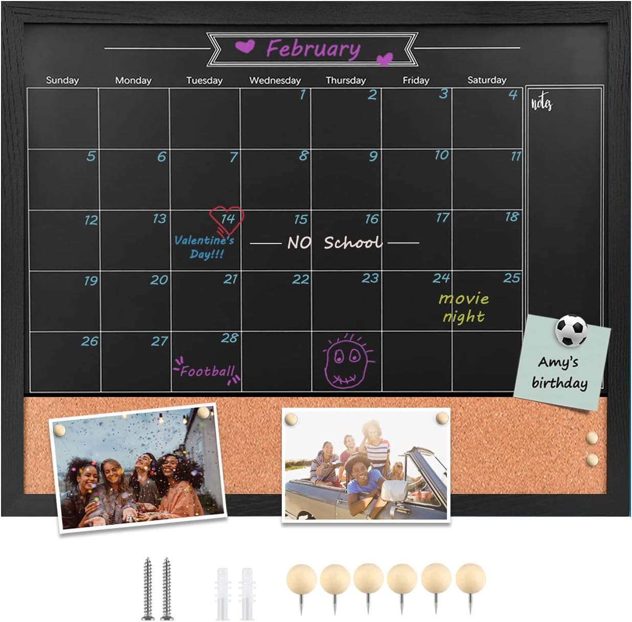 TORASO Magnetic Chalkboard Calendar Corkboard, 18" x 22" Combination Chalk Board Bulletin Board, Black Wood Framed Blackboard Calendar Cork Combo Board(ZHHB-BK-4555)