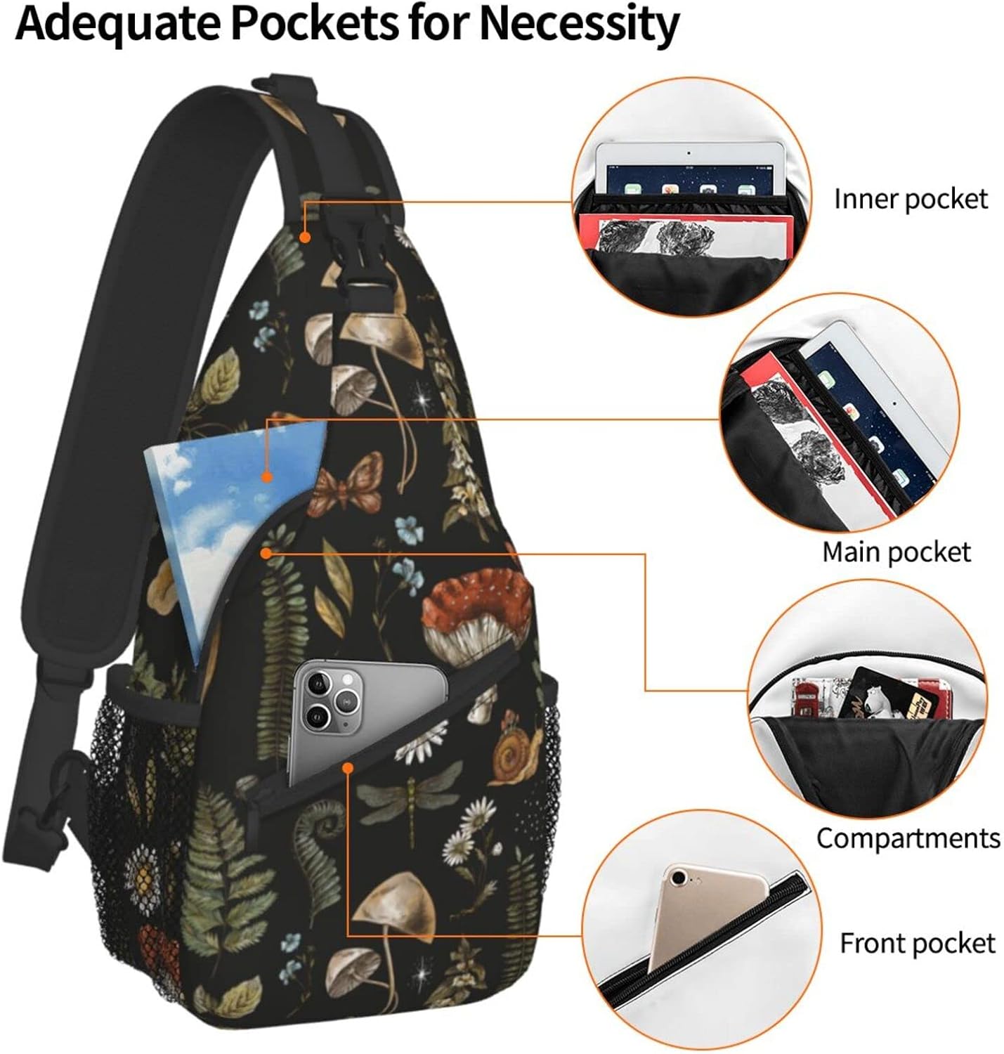 SUPLUCHOM Sling Bag Vintage Mushroom Leaf Forest Hiking Daypack Crossbody Shoulder Backpack Travel Chest Pack for Men Women Over 12 Years Old