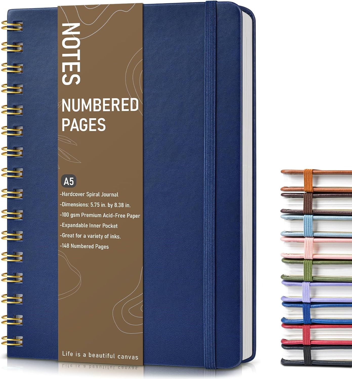 Lined Spiral Journal Notebook, A5 Hardcover Spiral Journals for Women Men, 150 Numbered Pages Spiral Bound Notebook, 100 GSM College Ruled Notebooks for Writing Note Taking 5.75" x 8.38", Navy Blue