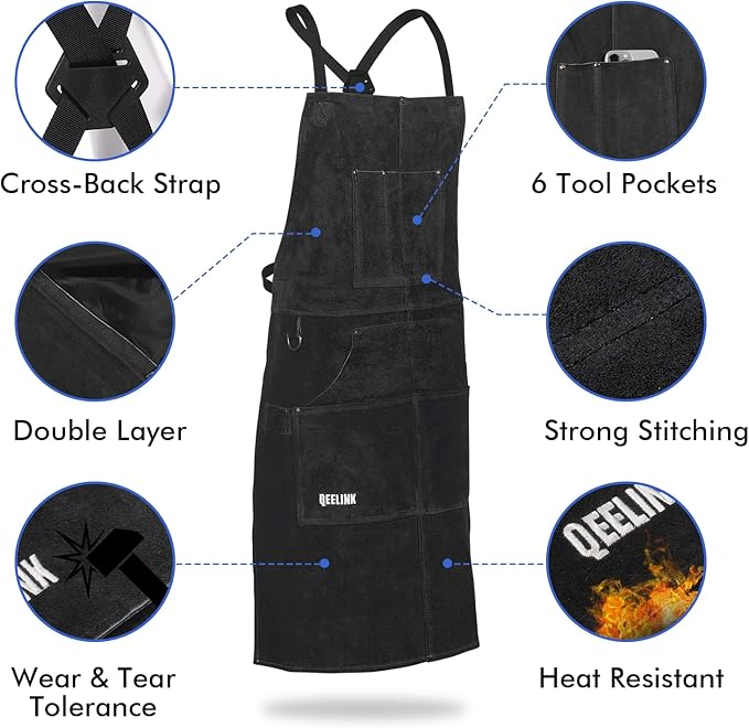 QeeLink Leather Welding Apron with 6 Pockets - Heat & Flame-Resistant Apron, 24'' X 42'', Adjustable M to XXXL (Black)