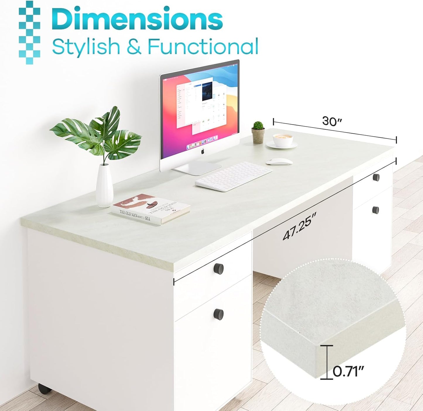 Kaboon Universal Tabletop 47.25"x30", Solid One-Piece Melamine Table Top, Double Desk L-Desk DIY, Home and Office,Sea Salt/White
